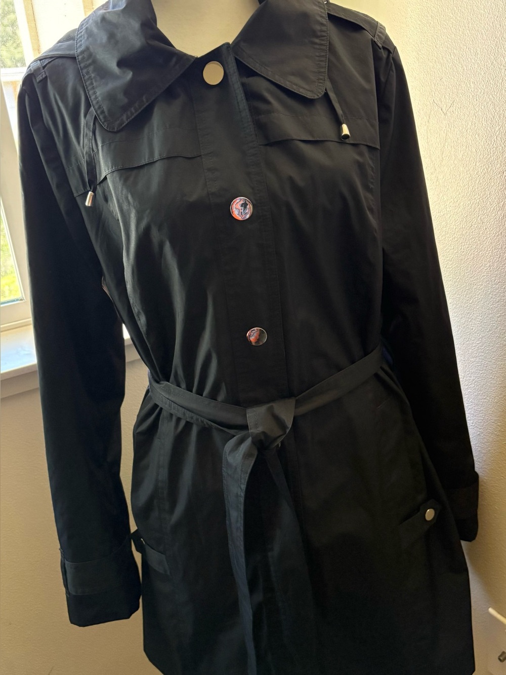 London Fog Women’s Single Breasted Belted Hooded Raincoat Large #120588 #121545